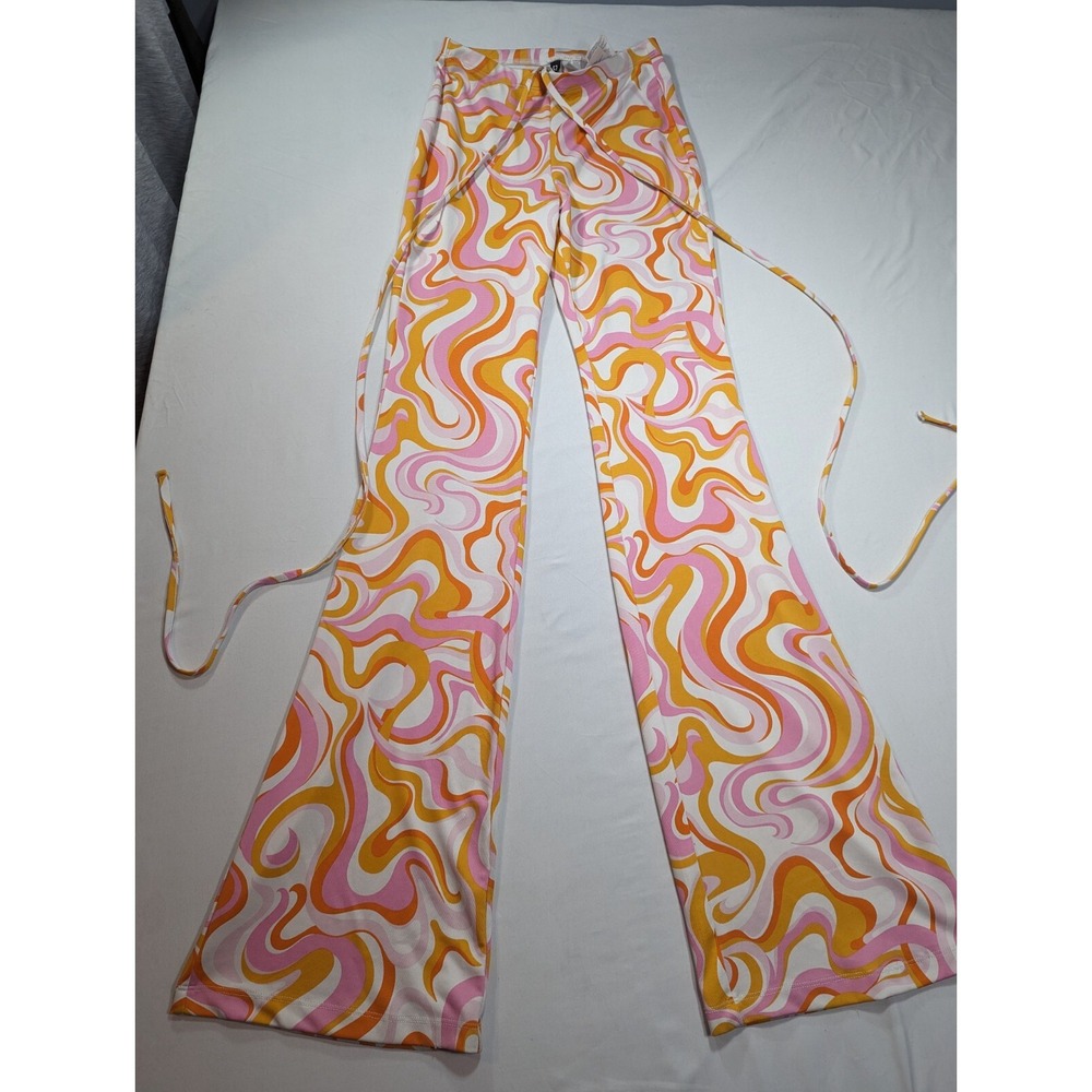 H&M Divided Tie Detail‎ Leggings XXS Orange Pink White Pattern Bootcut Like